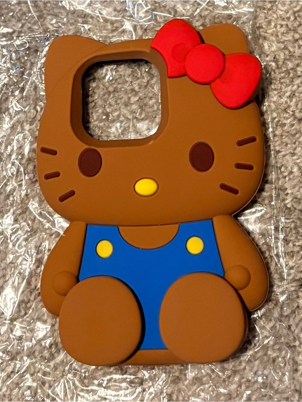 Hello Kitty Brown Silicone Phone Case with Red Bow and Blue Outfit